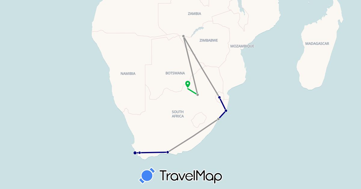 TravelMap itinerary: driving, bus, plane in Swaziland, South Africa, Zambia (Africa)